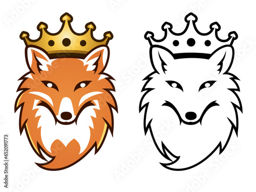 Fox wearing a crown logo template vector illustration, Reynard, jackal, coyote wearing a golden hat simple logo symbol icon clip art stock vector image
