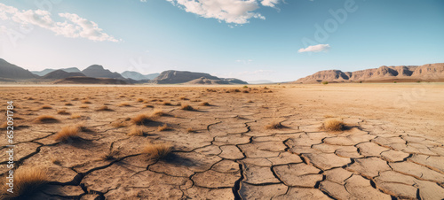 Panorama of a dry land. Global warming and and water scarcity concept