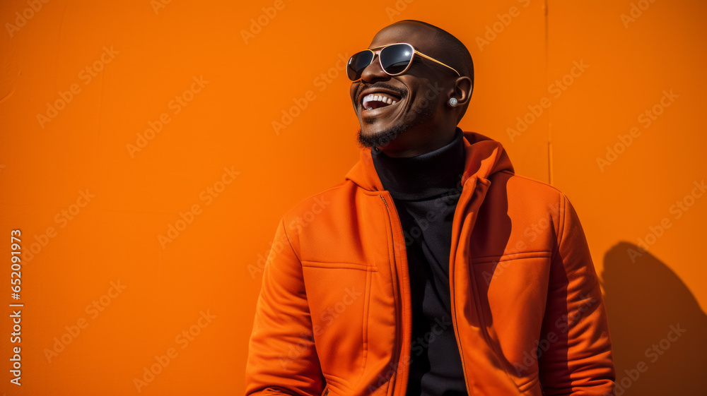 Handsome african american man in sunglasses on orange background