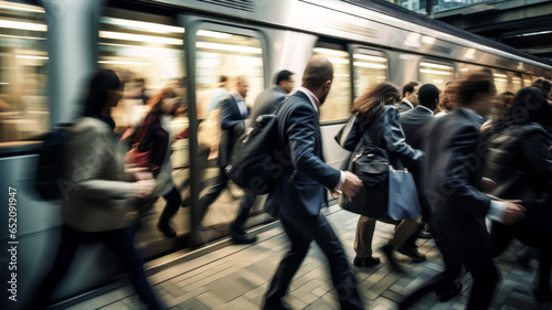 Business people walking in rush hour in the subway with motion blur effect