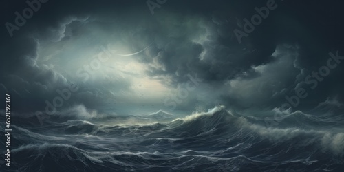 Stormy roiling sea under a dark sky.  Waves in the ocean  large with ominous cloudy sky. Generative AI.  