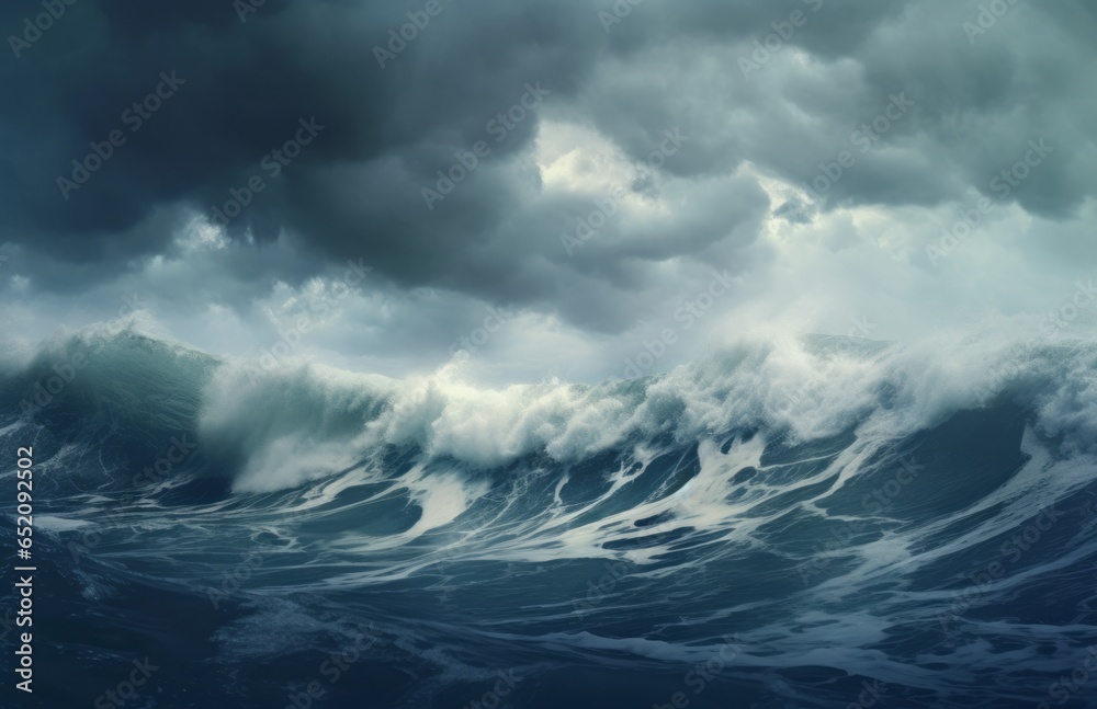 Stormy roiling sea under a dark sky.  Waves in the ocean, large with ominous cloudy sky. Generative AI. 
