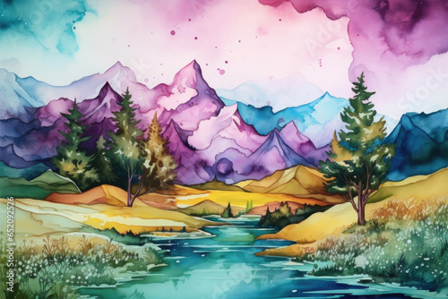 Aesthetic Watercolor Landscape Texture. Tranquil Scenic Views  Natural Pastel Hues  Mountains to Meadows  Fluid Sky with Clouds  Horizon Trees  River Valley  Splash Textures. Generative AI.