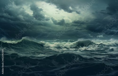 Stormy roiling sea under a dark sky.  Waves in the ocean, large with ominous cloudy sky. Generative AI.   © Carl & Heidi