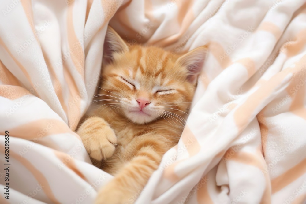 Cute ginger cat lying in bed under a blanket. Fluffy pet comfortably settled to sleep. Cozy home background with funny pet