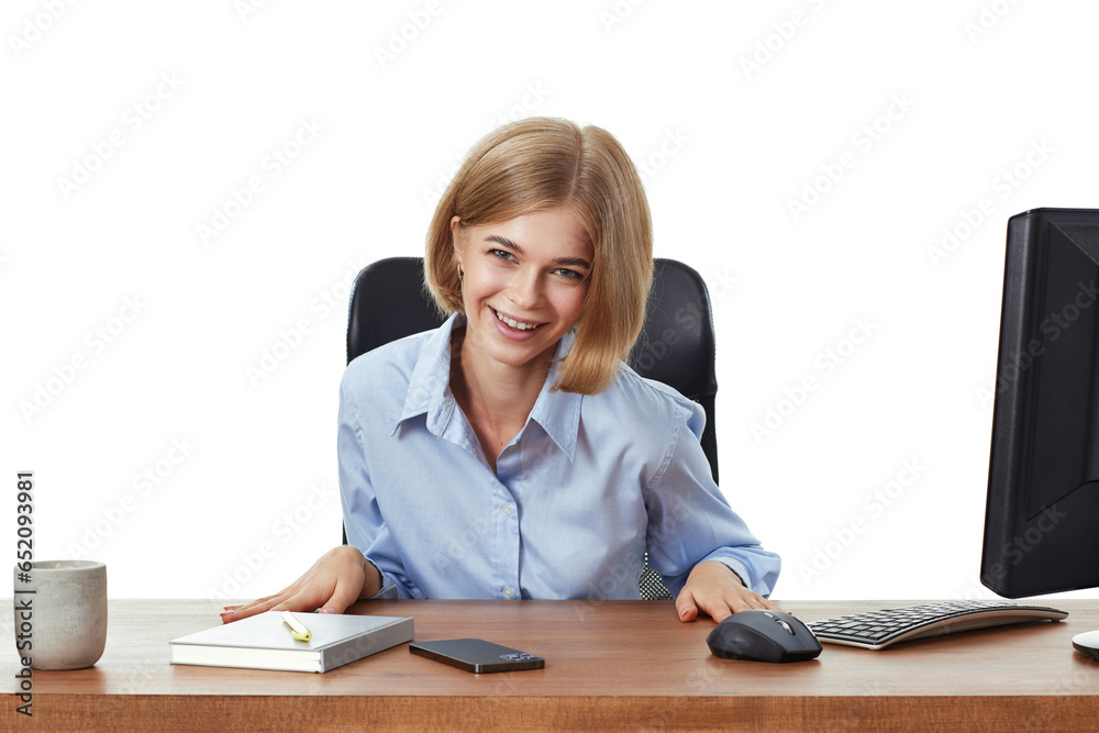 laughing business woman in blue shirt looking at camera laughing business woman in blue shirt looking at camera