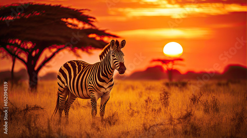 Zebra at sunset in the Serengeti National Park. Africa. Tanzania.