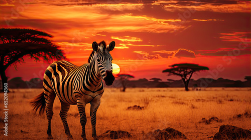 Zebra at sunset in the Serengeti National Park. Africa. Tanzania.