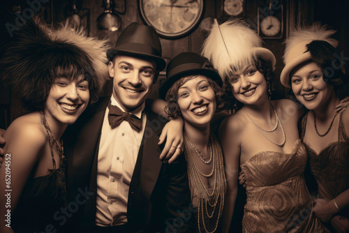 1920s Happy Group Portrait. A joyful group of flapper girls and dapper gentlemen posing at a jazz age speakeasy, exuding the carefree spirit of the Roaring Twenties. Vintage camera, sepia Tone.