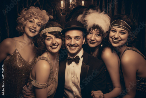 1920s Happy Group Portrait. A joyful group of flapper girls and dapper gentlemen posing at a jazz age speakeasy, exuding the carefree spirit of the Roaring Twenties. Vintage camera, sepia Tone. photo