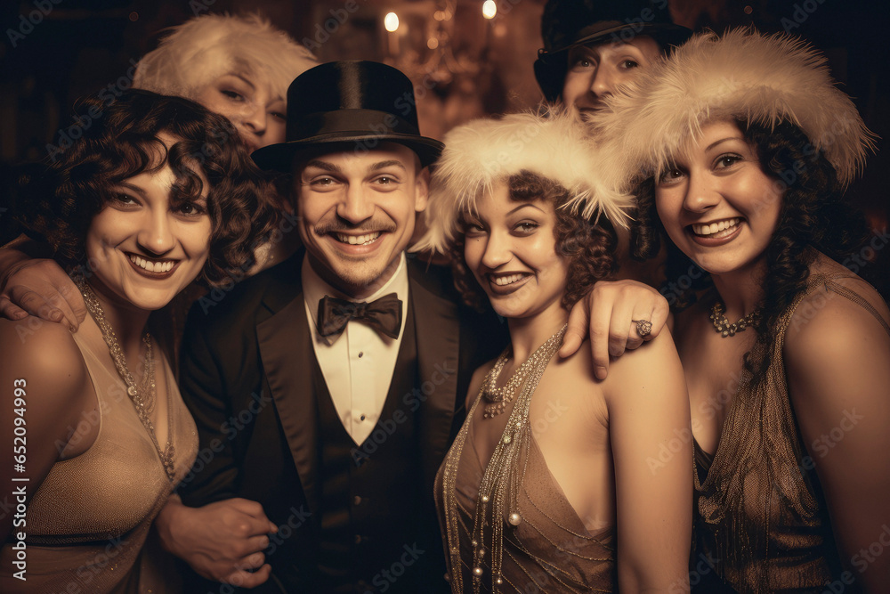 1920s Happy Group Portrait. A joyful group of flapper girls and dapper gentlemen posing at a jazz age speakeasy, exuding the carefree spirit of the Roaring Twenties. Vintage camera, sepia Tone. 1920s Happy Group Portrait. A joyful group of flapper girls and dapper gentlemen posing at a jazz age speakeasy, exuding the carefree spirit of the Roaring Twenties. Vintage camera, sepia Tone.