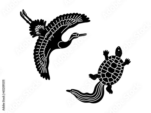 鶴と亀の和風イラスト（黒）