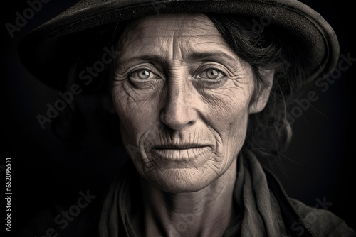 Resilient Wrinkles. A Close-Up Portrait of a 1930s Working-Class Woman, Her Wrinkles Tell a Story of Strength and Determination. 