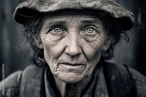 Resilient Wrinkles. A Close-Up Portrait of a 1930s Working-Class Woman, Her Wrinkles Tell a Story of Strength and Determination.  photo