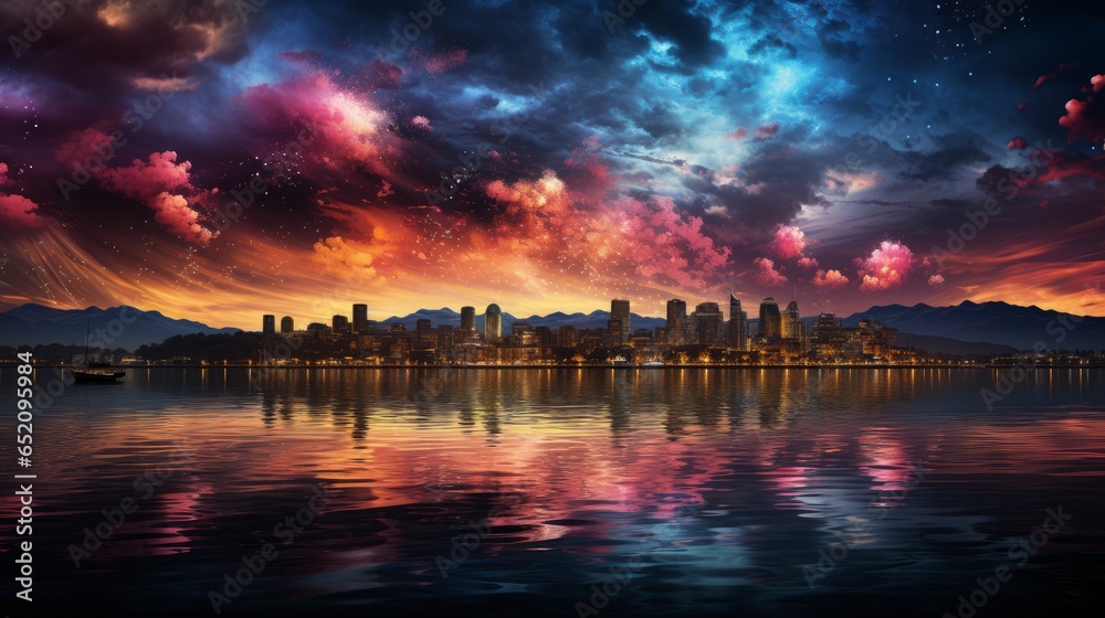 A beautiful sunset fireworks display over water with a city in the background. Generative AI. 