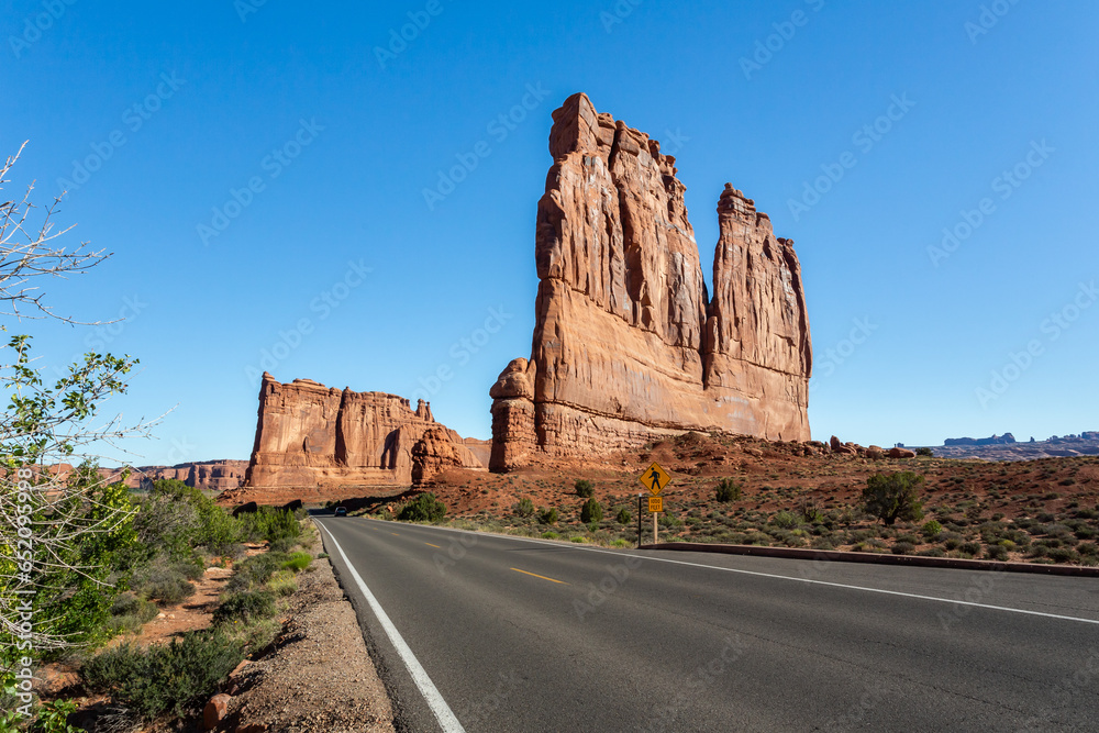 Unique rock formations along the highway in The Arches National Park, Utah Unique rock formations along the highway in The Arches National Park, Utah