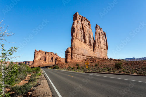 Unique rock formations along the highway in The Arches National Park, Utah