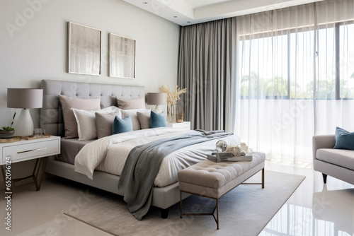 Harmonious Haven: A Serene and Sophisticated Bedroom Interior with Subtle Silver Tones, Exuding Elegant Luxury and Modern Tranquility. © aicandy