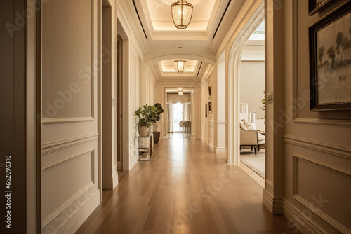 A Serene and Inviting Beige Colored Hallway Interior with Abundant Natural Light, Elegant Decor, and Tranquil Ambiance, featuring Wooden Flooring, Muted Tones, Stylish Artwork, Minimalist Furniture © aicandy