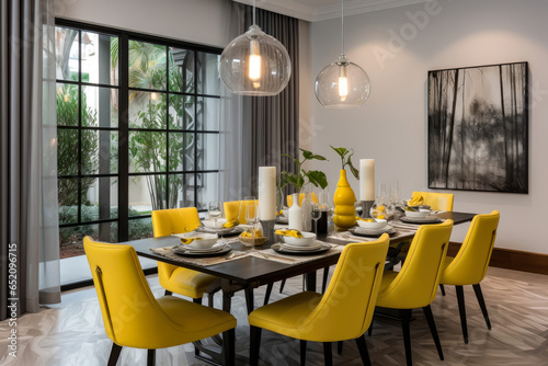 An inviting and sophisticated dining room with elegant decor, harmoniously blending gray and yellow tones, showcasing modern furniture, stylish design © aicandy
