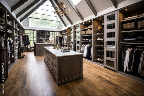 A Spacious and Luxurious Walk-in Closet in Farmhouse Chic Style, featuring Rustic Elegance, Modern Convenience, and Organized Storage Solutions.