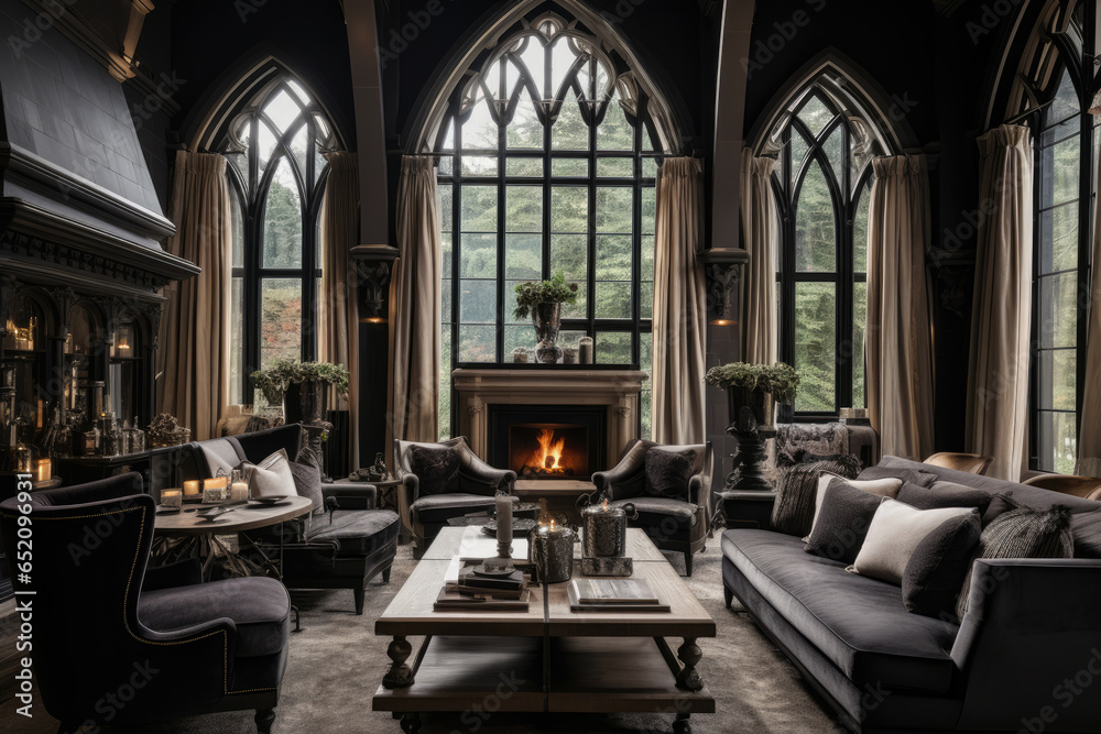 Immerse in the hauntingly beautiful allure of Gothic elegance as a captivating living room interior, adorned with ornate furniture, intricate details, and dramatic lighting Immerse in the hauntingly beautiful allure of Gothic elegance as a captivating living room interior, adorned with ornate furniture, intricate details, and dramatic lighting