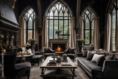 Immerse in the hauntingly beautiful allure of Gothic elegance as a captivating living room interior, adorned with ornate furniture, intricate details, and dramatic lighting
