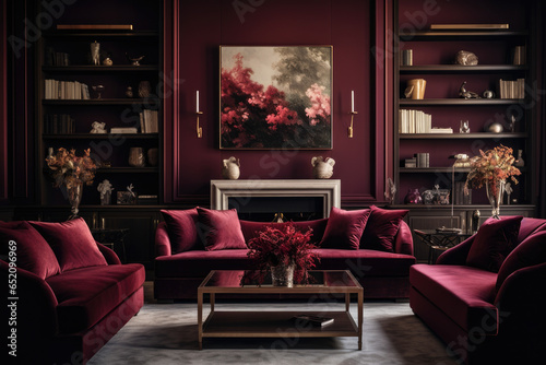Immerse yourself in the captivating ambiance of Elegant Maroon Haven: A luxurious living room with stylish furniture, cozy fireplace, modern artwork, and inviting details © aicandy