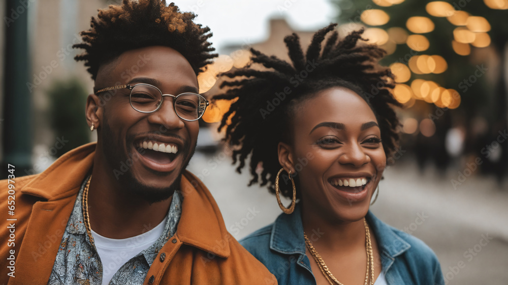 Happily Laughing African American Couple in Authentic Street Candid Moment with Bokeh Background - obrazy, fototapety, plakaty 