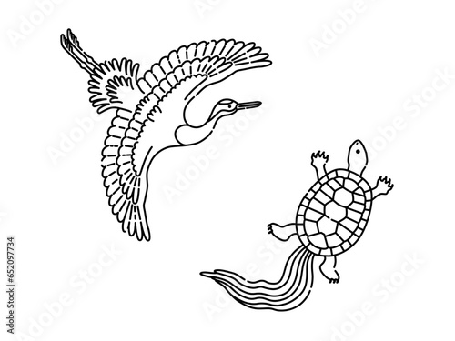 鶴と亀の和風イラスト（線画）
