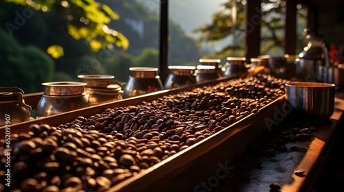 Golden Hour Brew: Sun-Kissed Coffee Beans Radiating Warmth and Aroma © pixelAI