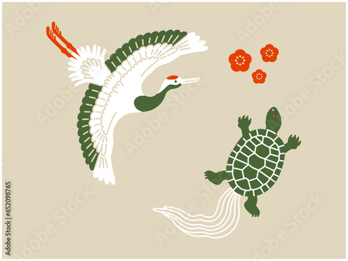 鶴と亀の和風イラスト（カラー）