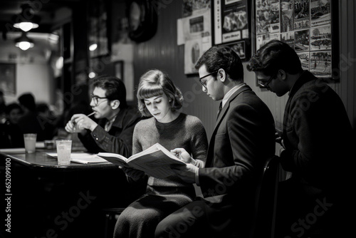 Step into the 1960s: Coffeehouse Poetry Reading with Beatniks and Poets, A Vintage Cultural Gathering for Literary Expression
 photo