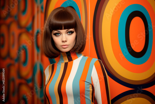 Swinging '60s Glamour. Capturing the Iconic Mod Fashion of the 1960s with a Stylish Woman Model, Vibrant Colors, and Bold Clothing.  photo