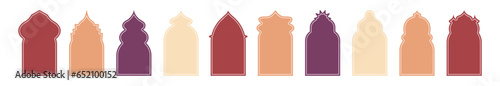 Set of arab islamic frames. Oriental arabesque windows or doors arch for arabic decoration. Ramadan kareem silhouette shapes. Arabian or indian ornament template, muslim geometric banner