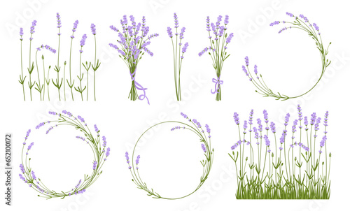 Lavender flowers branch and bouquet, herbal design set. Hand drawn wedding herb monogram and border, wreath elegant leaves. Botanical rustic trendy greenery frame for invitation card postcard, poster