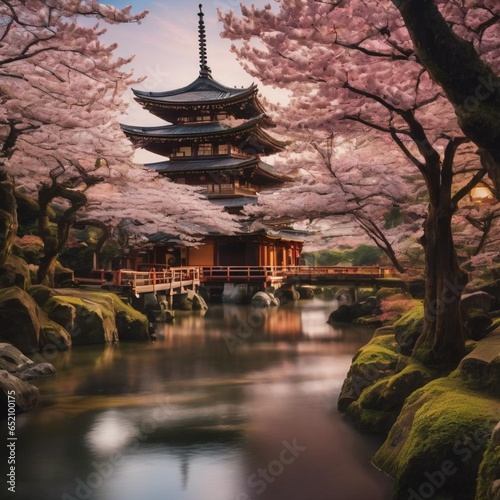 Japan temple with pink trees