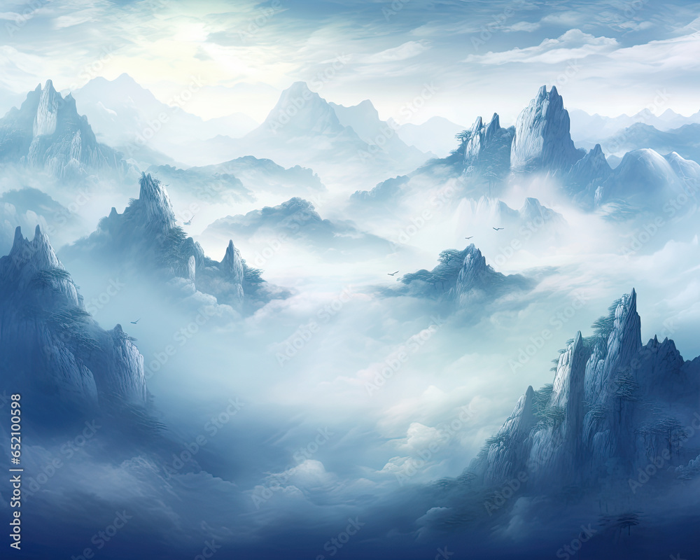 Majestic Mountain Peaks in Misty Morning - Stock Illustration for Generative AI