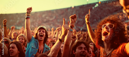 Nostalgic Rock Revival. A 1970s Classic Rock Concert, Energetic Crowd, and Summer Festival Vibes. Iconic Music Moments photo