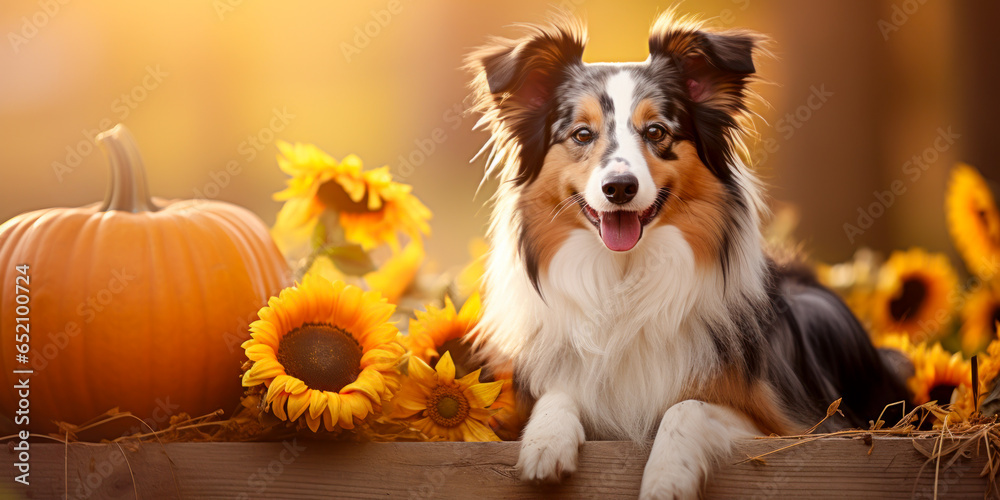 Dog with pumpkin and sunflowers, fall harvest season, wide banner, copyspace