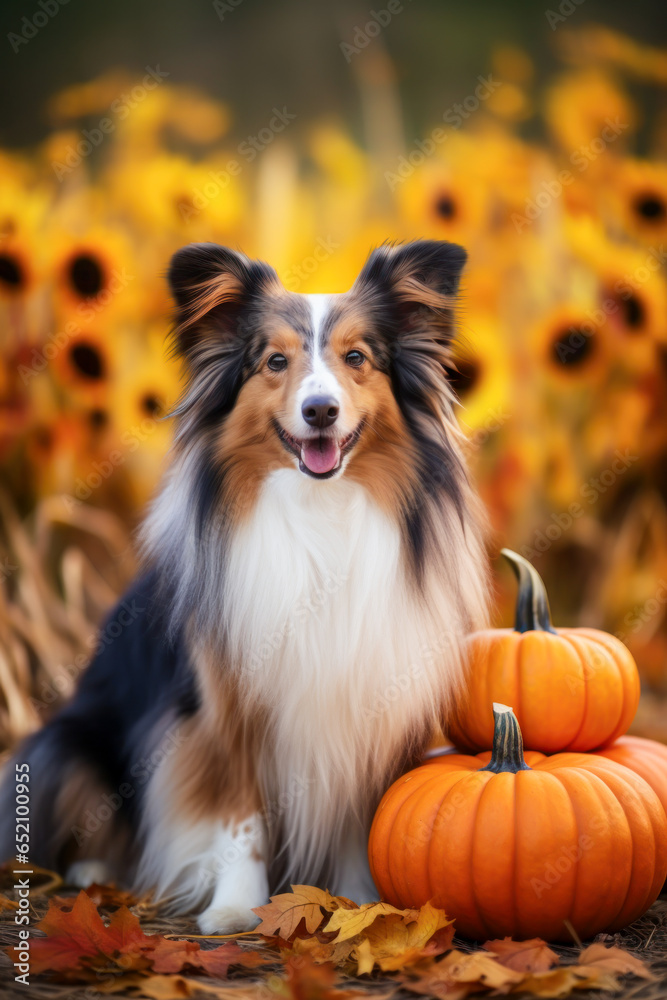 Sheltie dog with pumpkins and fall sunflowers, autumn harvest season, vertical Sheltie dog with pumpkins and fall sunflowers, autumn harvest season, vertical