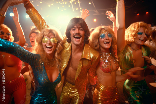 1970s Disco Dancing. A group of friends grooving to the funky beats at a discotheque, wearing flashy disco attire, and dancing under glittering disco balls during the disco era of the 1970s