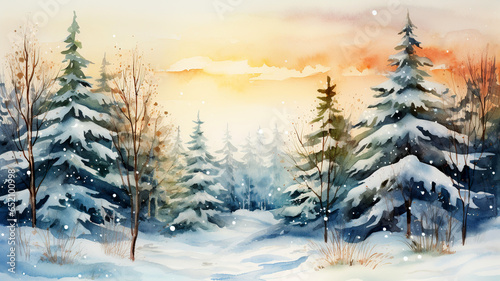 Winter landscape with snow covered trees. Watercolor illustration for your design. Illustration for children's fairy tales, puzzles, computer games.