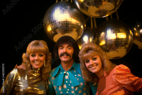 1970s Disco Dancing. A group of friends grooving to the funky beats at a discotheque, wearing flashy disco attire, and dancing under glittering disco balls during the disco era of the 1970s photo