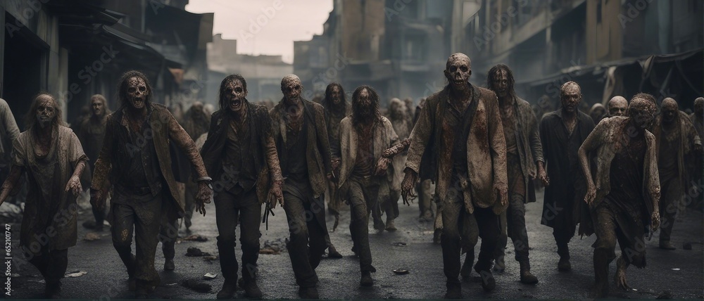 a group of zombies attacked the city. Zombies roam the abandoned city streets - obrazy, fototapety, plakaty 