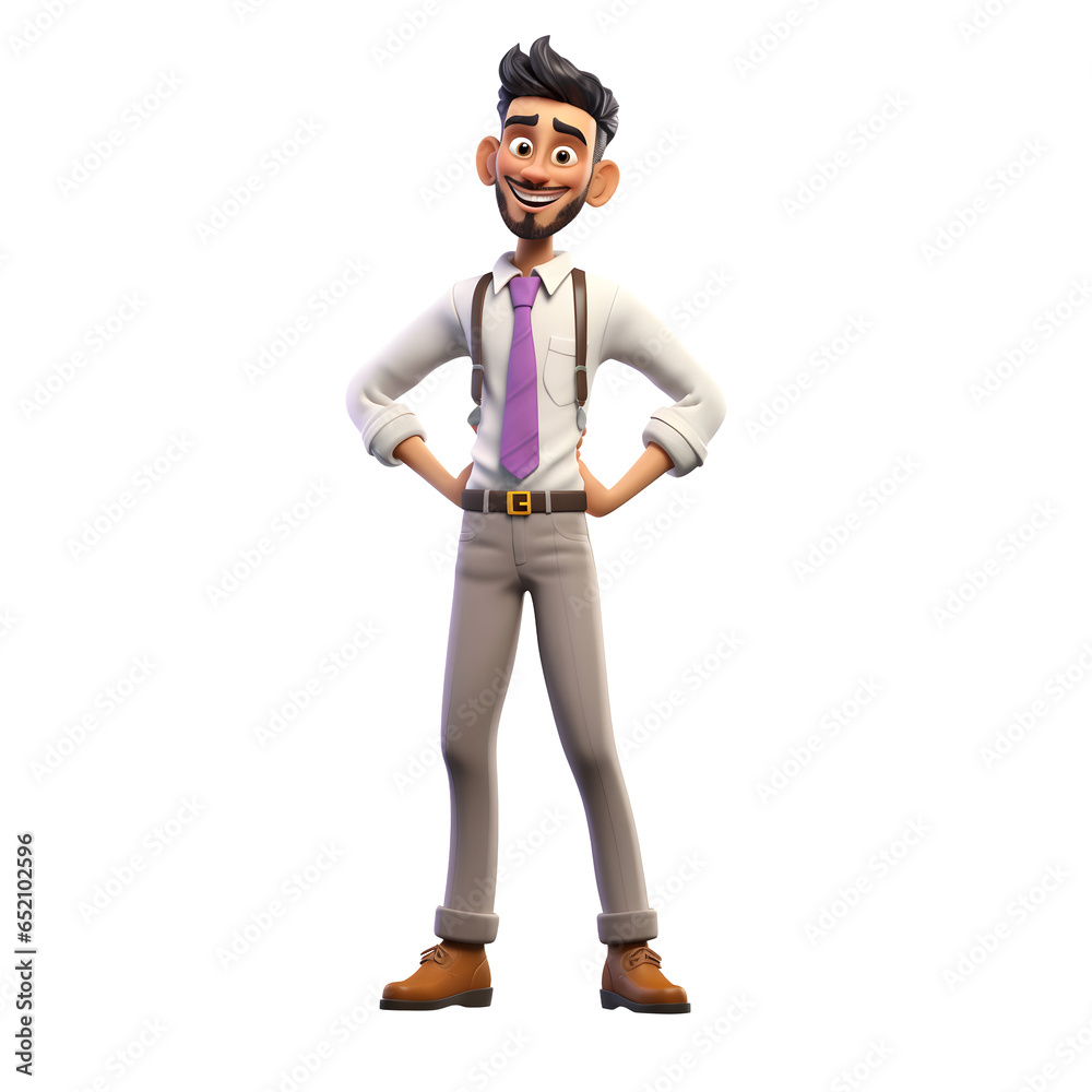 3D cartoon character happy smiling young businessman standing posing in a suit with his arms crossed, full body isolated on white and transparent background, ai generate