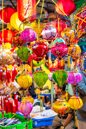 Ho Chi Minh City  Vietnam - September 22nd  2023  Colorful tradition lantern at chinatown market. Many kind of Chinese lanterns hanging on street market in mid autumn festival.