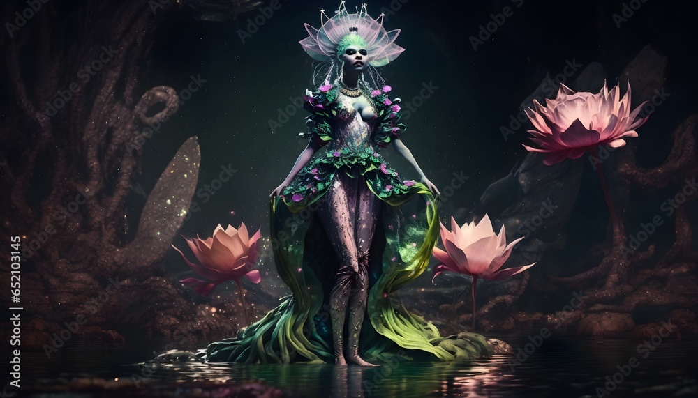 full body realistic highly detailed an alien drag queen in an LILY PAD ...