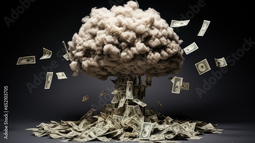 explosion and mushroom cloud made from cash money. Concept to show market crash. generative AI