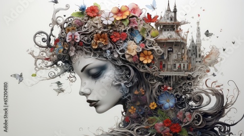 ethereal woman with floral and architectural headpiece